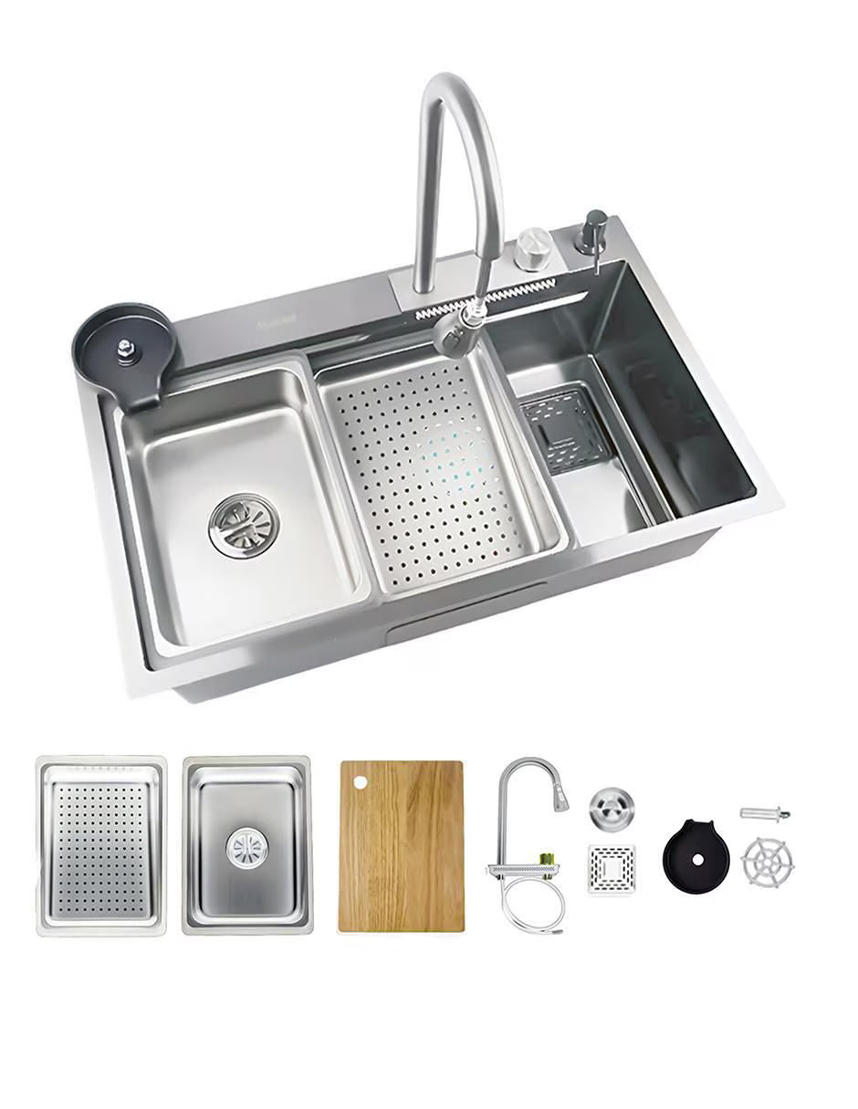 Kit Perrón Satinado Maxims! Tarja, Monomando, recipientes adicionales, dispensador de jabón y lavador de vasos 1