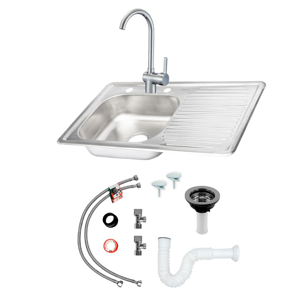 Kit Completo CNX: Tarja con Escurridor Derecho 80 × 50 cm, Mezcladora Monomando y Accesorios de Instalación