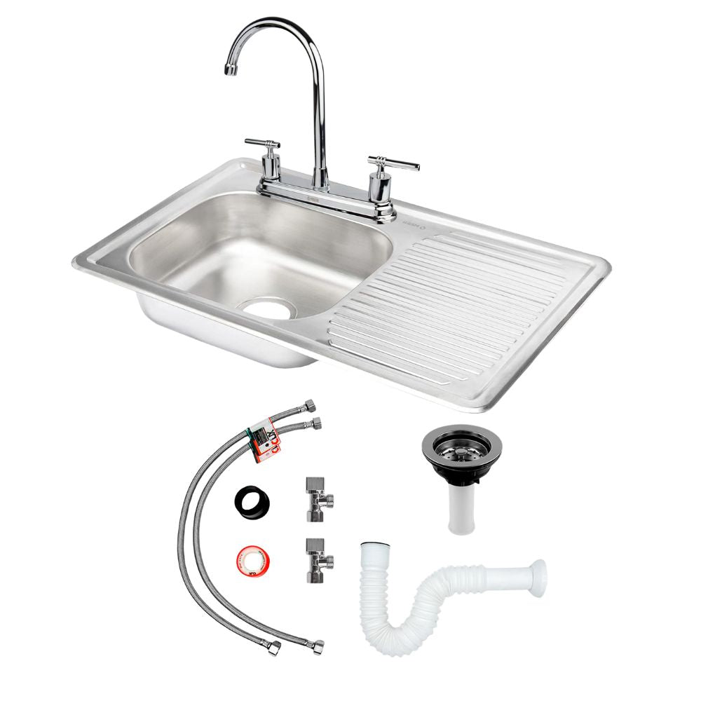 Kit Completo CNX: Tarja con Escurridor Derecho 80 × 50 cm, Mezcladora Cromada de Cuello Alto y Accesorios de Instalación