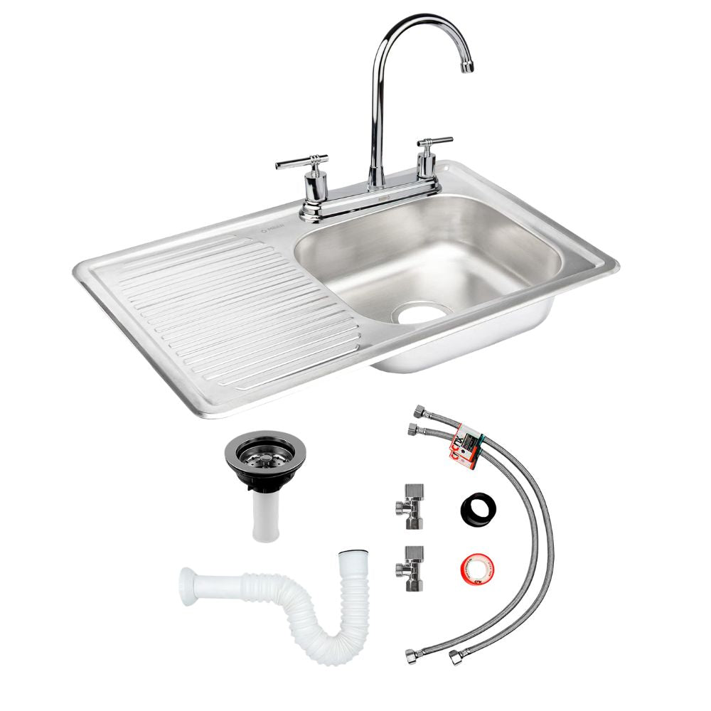 Kit Completo CNX: Tarja con Escurridor Izquierdo 80 × 50 cm, Mezcladora Cromada de Cuello Alto y Accesorios de Instalación