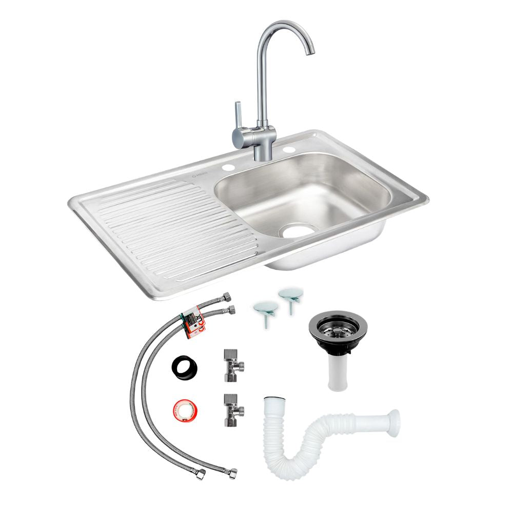 Kit Completo CNX: Tarja con Escurridor Izquierdo 80 × 50 cm, Mezcladora Monomando y Accesorios de Instalación