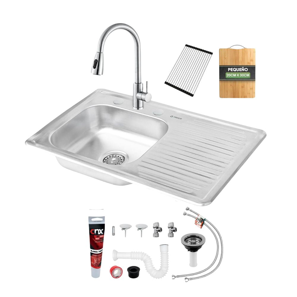 Kit Premium CNX: Tarja Grande con Escurridor Derecho, Mezcladora Retráctil y Accesorios de Instalación 1