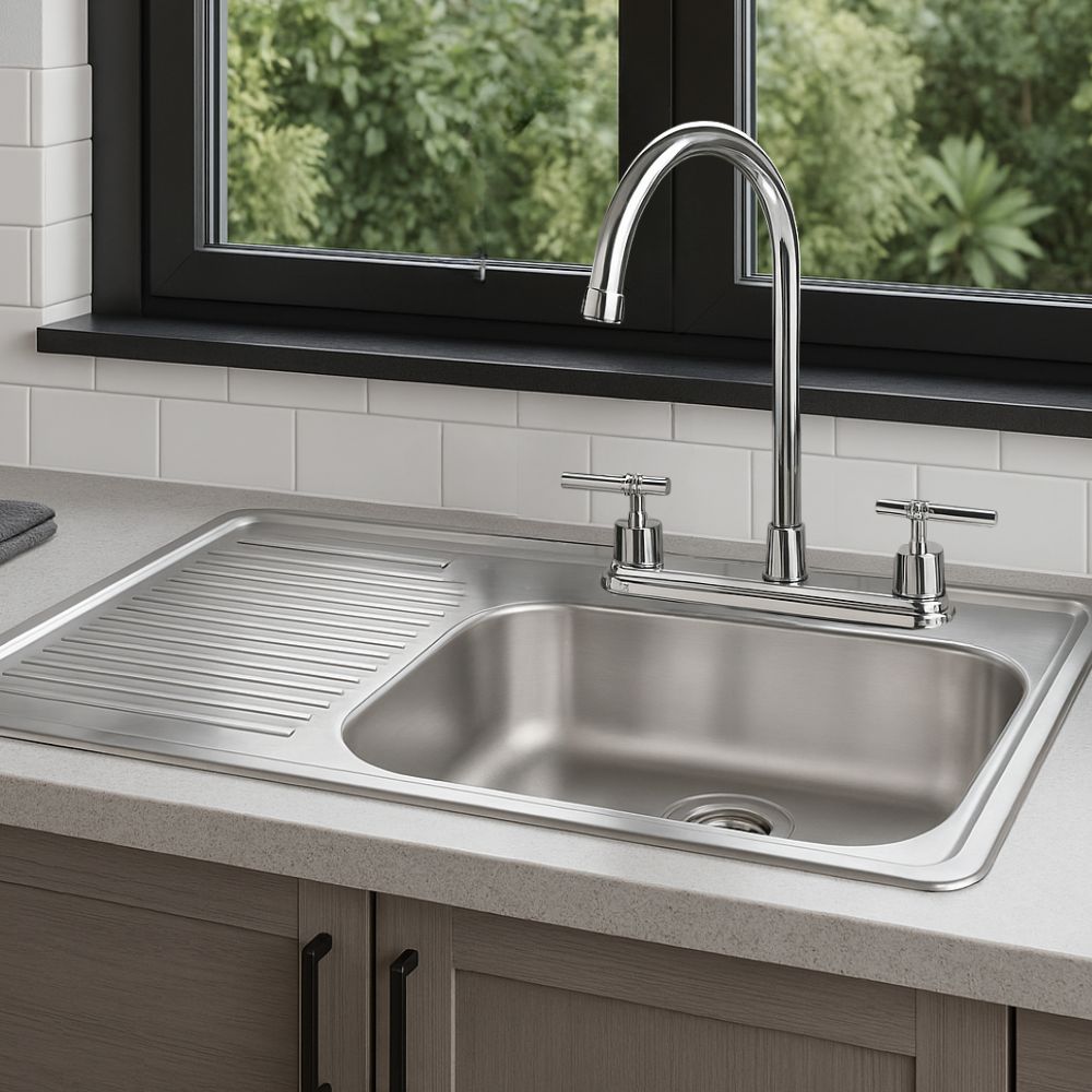 Kit Completo CNX: Tarja con Escurridor Izquierdo 80 × 50 cm, Mezcladora Cromada de Cuello Alto y Accesorios de Instalación