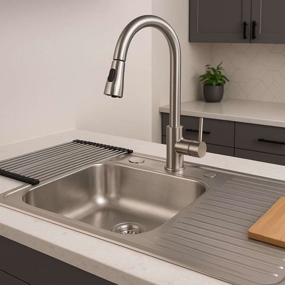 Kit Premium CNX: Tarja Grande con Escurridor Derecho, Mezcladora Retráctil y Accesorios de Instalación 2