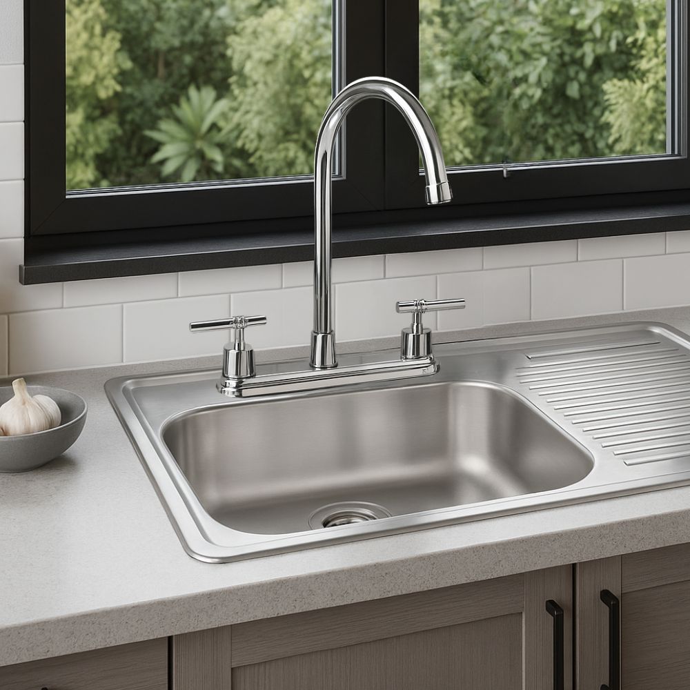 Kit Completo CNX: Tarja con Escurridor Derecho 80 × 50 cm, Mezcladora Cromada de Cuello Alto y Accesorios de Instalación