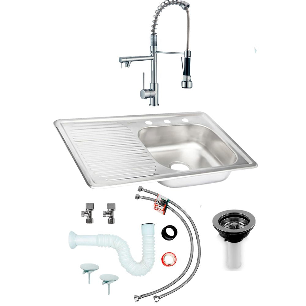 Kit Perrón Premium: Tarja Grande con Escurridor Izquierdo, Mezcladora y Accesorios de Instalación 1