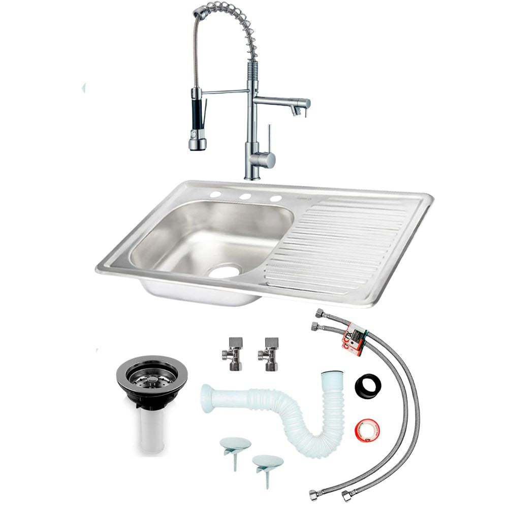 Kit Perrón Premium: Tarja Grande con Escurridor Derecho, Mezcladora y Accesorios de Instalación 1