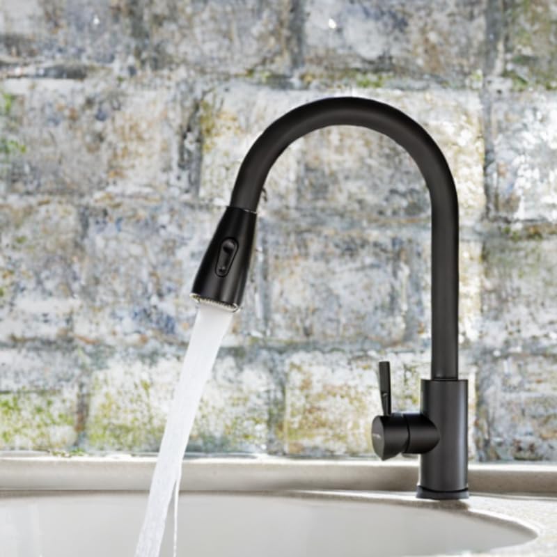 Mezcladora para Fregadero con Dos Funciones de Chorro y Cuello Retráctil (manguera de 55 cm) de Zinc y Latón Negro Mate 2
