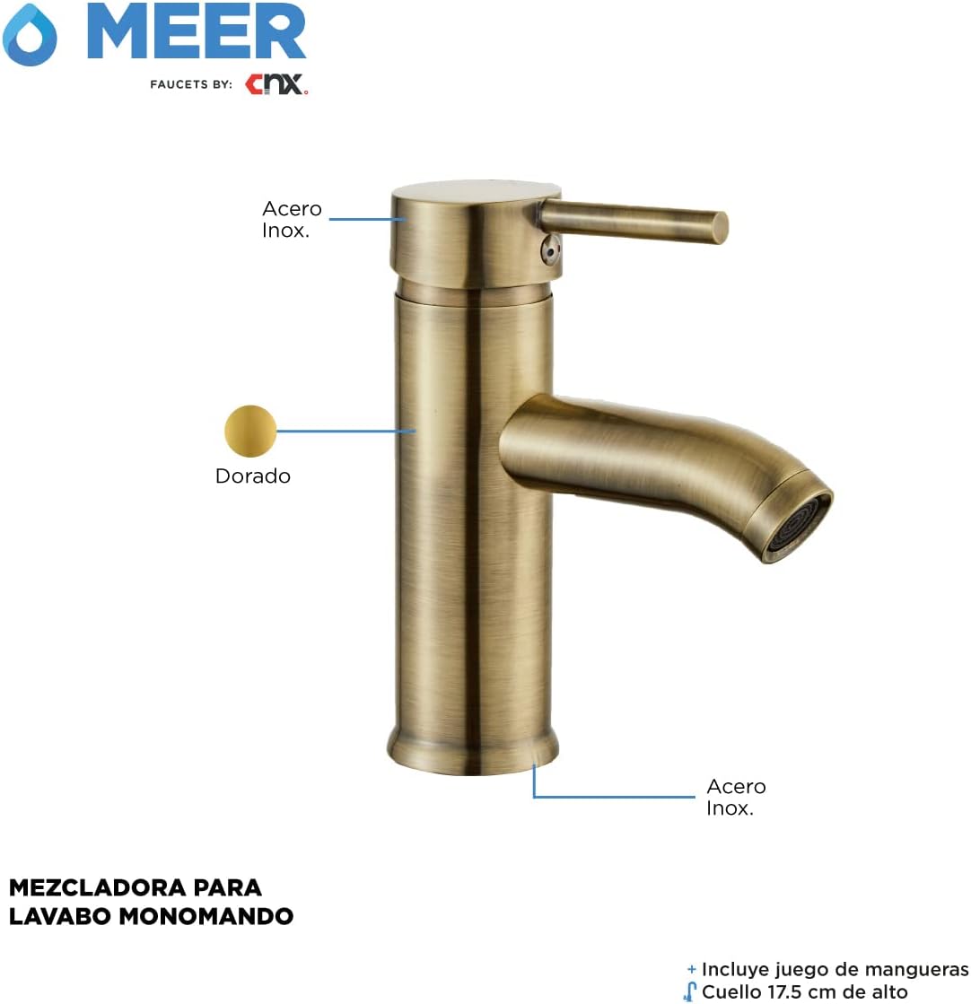Mezcladora Monomando para Lavabo en Dorado Cepillado, Acero Inoxidable, 17.5 cm de Altura, Ahorro de Agua y Fácil Instalación 5