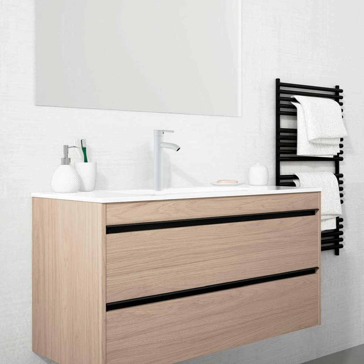 Mezcladora Monomando para Lavabo en Blanco Mate, Acero Inoxidable, 29 cm de Altura, Incluye Mangueras y Aireador Ahorrador 2