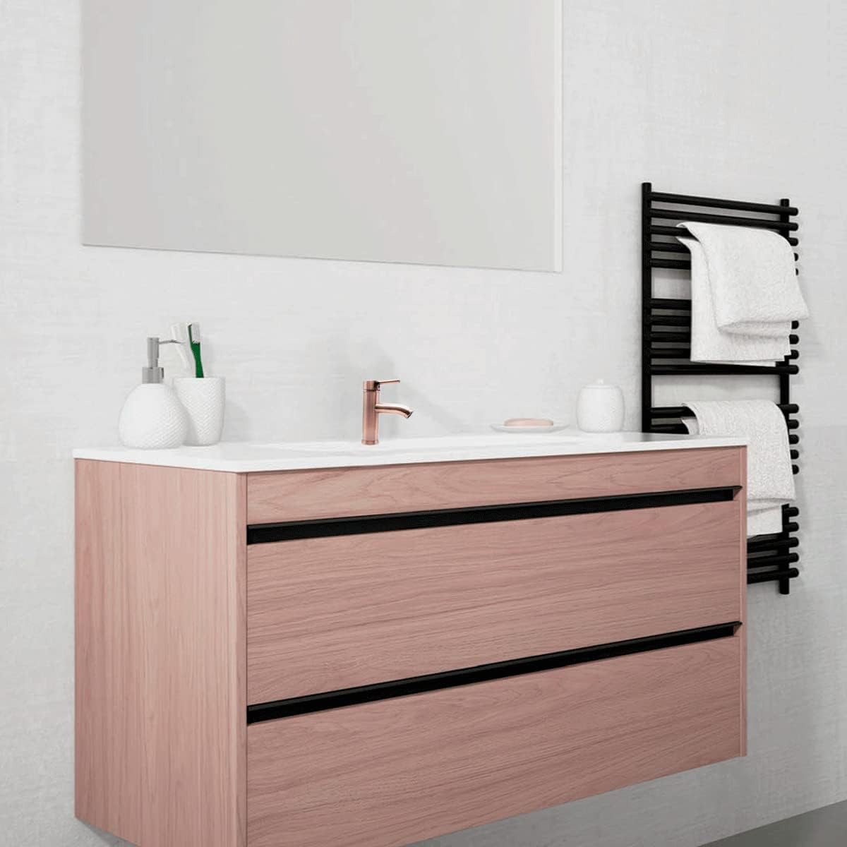 Mezcladora Monomando para Lavabo en Oro Rosado, Acero Inoxidable y Latón, Acabado Cepillado, Incluye Mangueras y Kit de Instalación 2