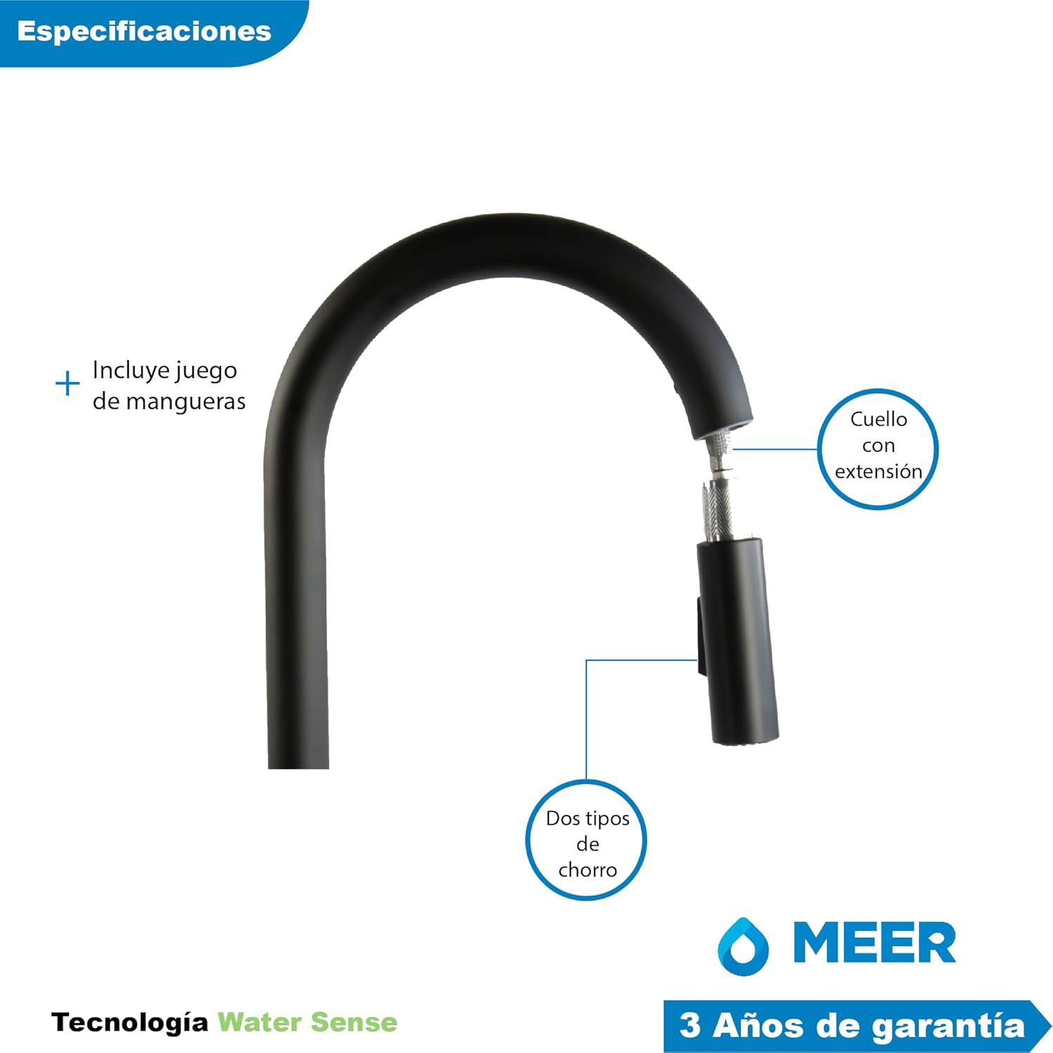 Mezcladora para Fregadero Monomando con Cuello Retractil y Dos Funciones de Chorro (Negro Mate) 4