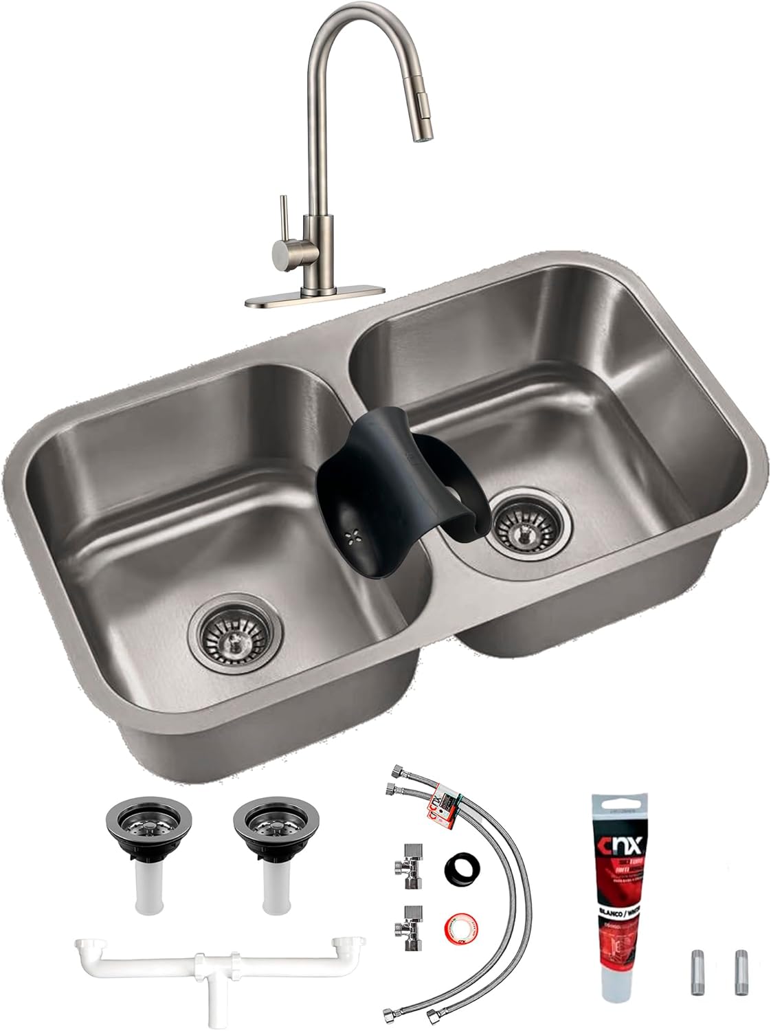 Tarja Doble Para Submontar 82X47cm con Mezcladora Premium, Soporte de Esponja de Regalo