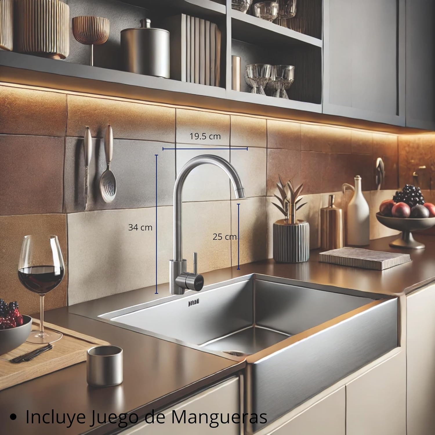 Mezcladora para Cocina, Mezcladora para Fregadero con Acabado Satinado, (Grifo de Agua), Monomando, Incluye Mangueras para Instalación 2