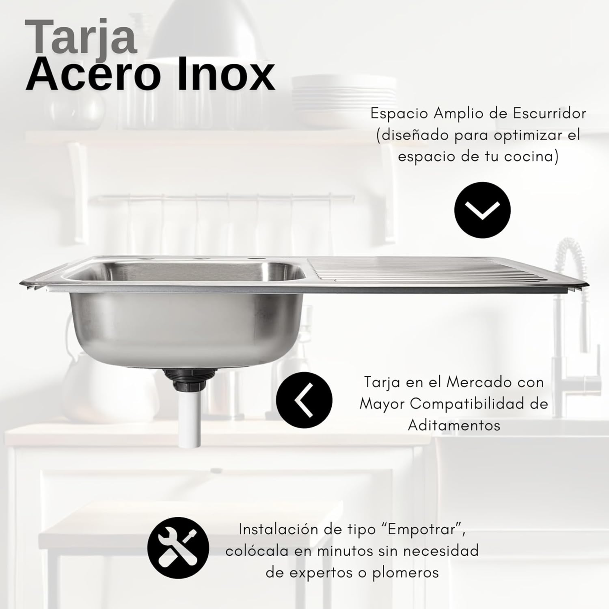 Tarja Sencilla para Empotrar 80x50cm Con Escurridor Derecho, Acero Inoxidable 4