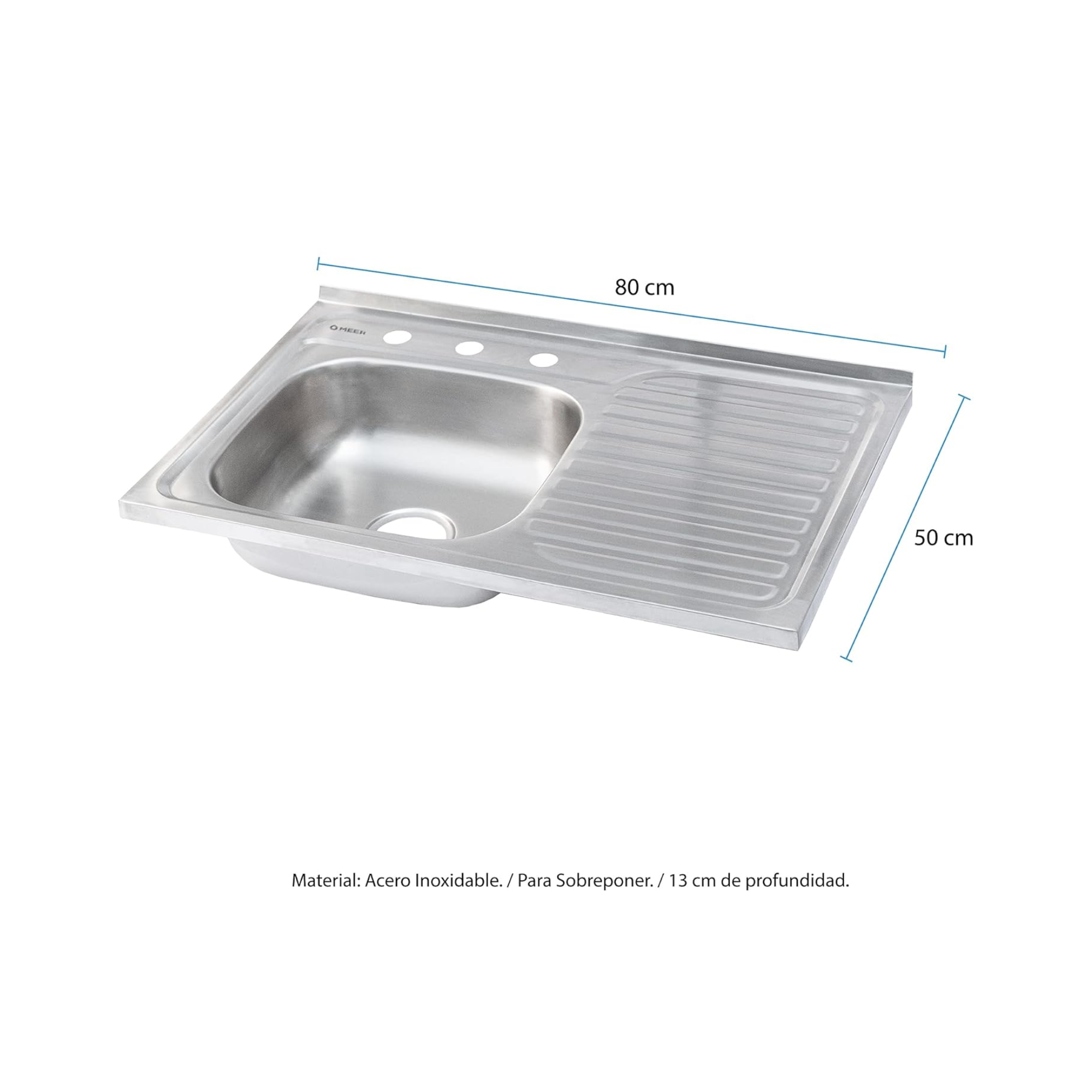 Tarja Sencilla para SOBREPONER, 80x50cm Con Escurridor Derecho, Acero Inoxidable 2