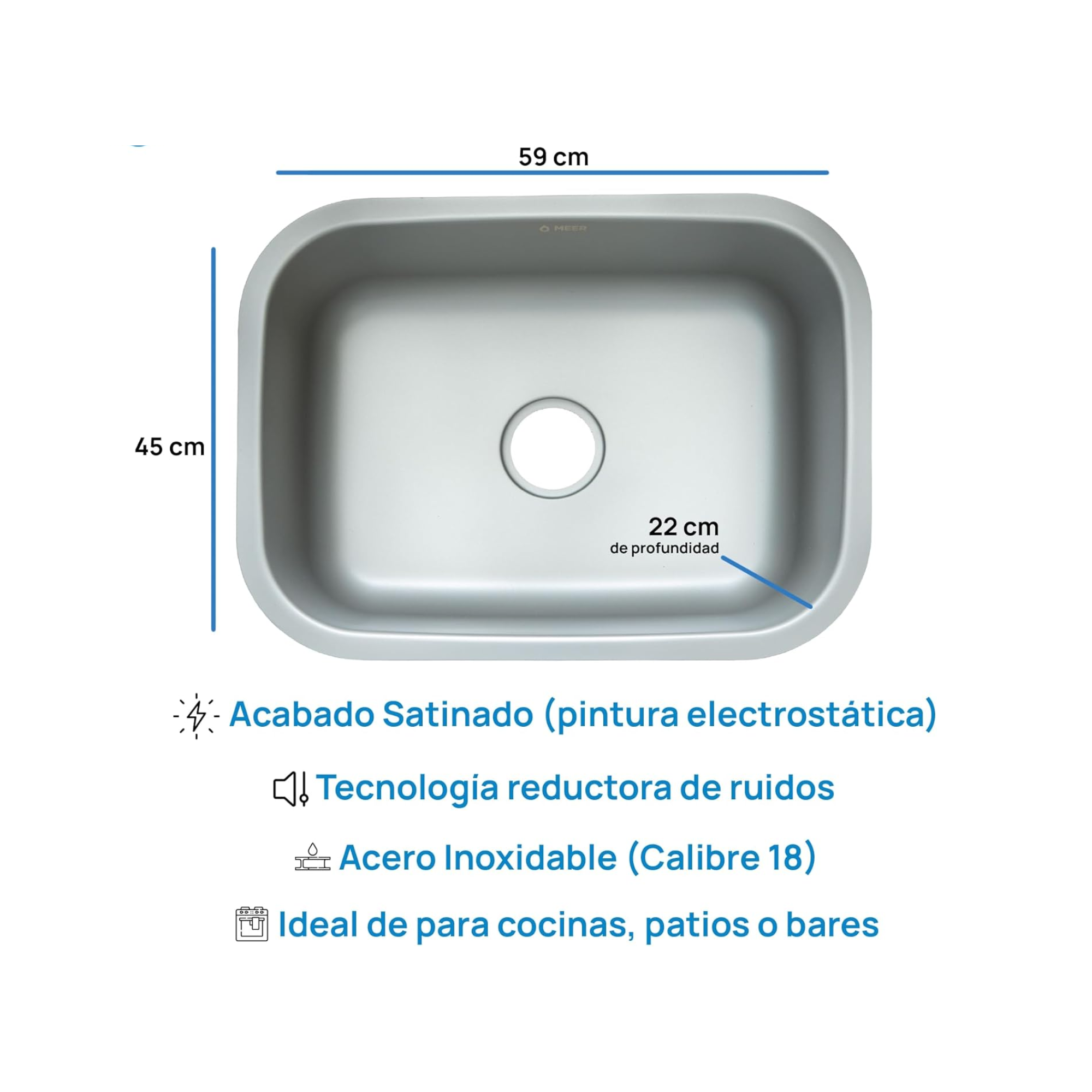 Tarja Sencilla de Submontar de Acero Inoxidable Calibre 18, 59 x 45 x 22 cm 2