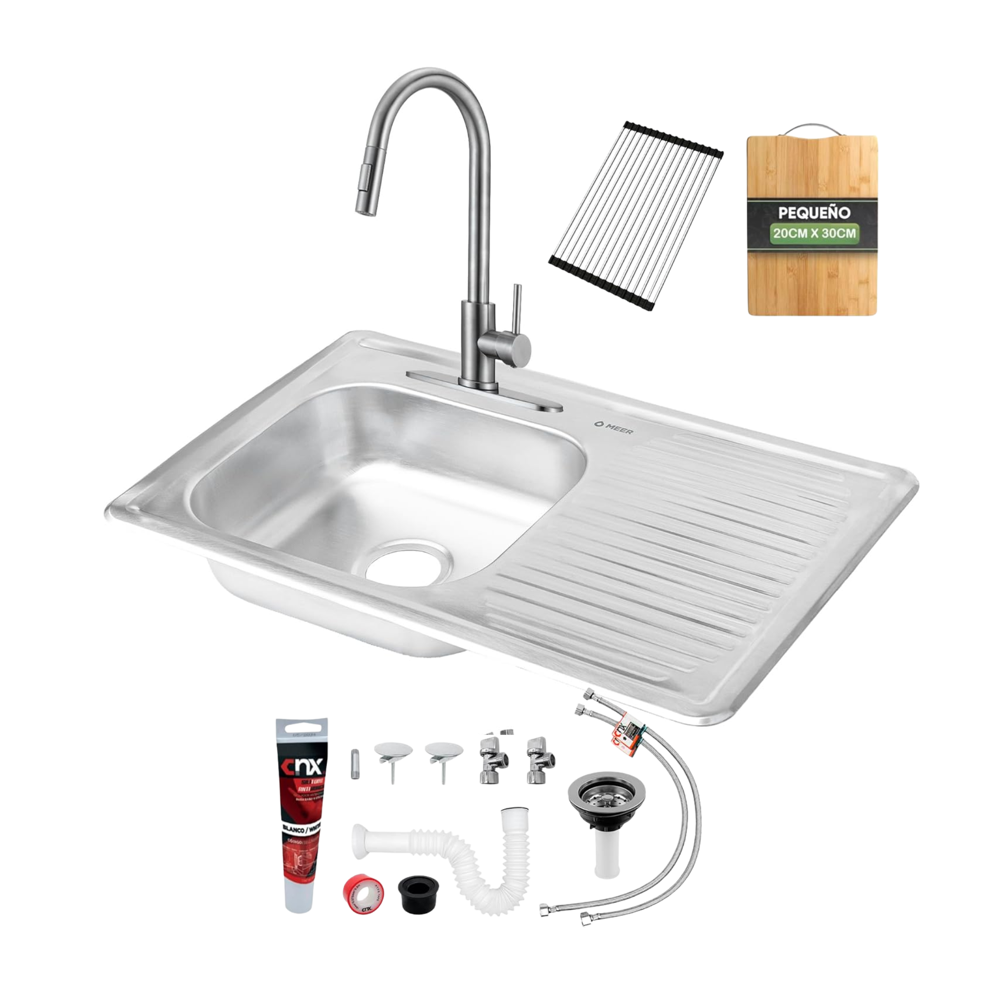Kit perrón de tarja sencilla, Incluye Tarja, Monomando, Escurridor, Tabla y kit instalación 2