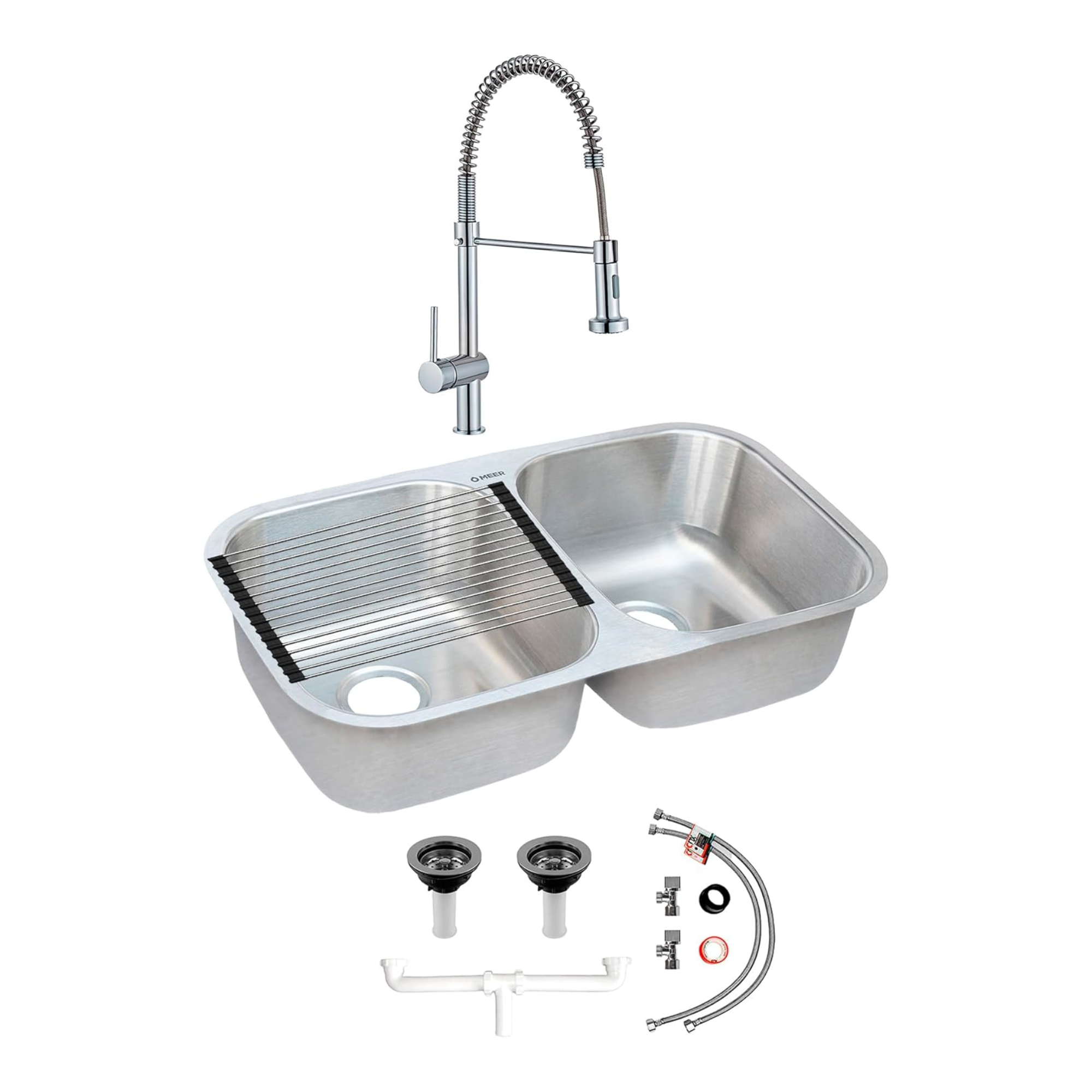 Tarja Doble de Submontar en Acero Inoxidable, (Medidas 82 cm * 47 cm), con Mezcladora Monomando (Llave para cocina) y Kit de Instalación GRATIS un Escurridor 1