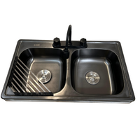 Kit de tarja doble 84x48cm en Negro Mate, tarja. mezcladora, kit instalación y escurridor