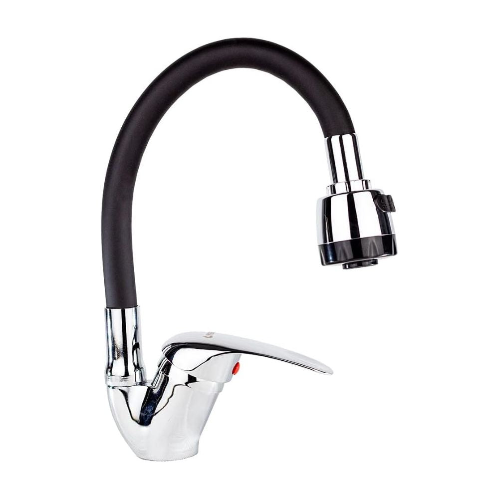 Mezcladora Monomando con Cuello Flexible de Silicón para Fregadero, Doble Chorro, Incluye Mangueras, Diseño Cromo y Negro 1