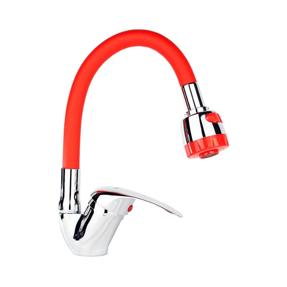 Mezcladora Monomando con Cuello Flexible de Silicón para Fregadero, Doble Chorro, Incluye Mangueras, Diseño Cromo y Rojo 1