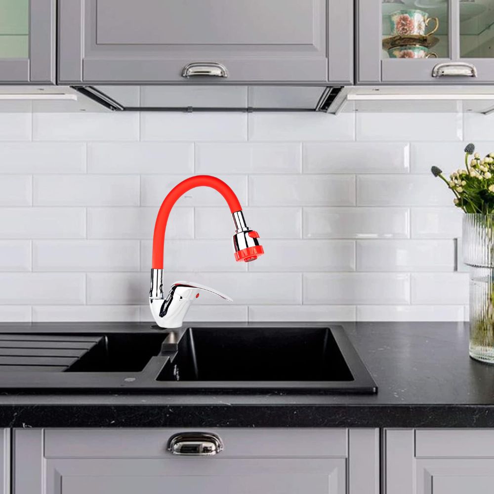 Mezcladora Monomando con Cuello Flexible de Silicón para Fregadero, Doble Chorro, Incluye Mangueras, Diseño Cromo y Rojo 2