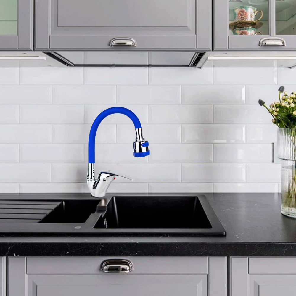 Mezcladora Monomando con Cuello Flexible de Silicón para Fregadero, Doble Chorro, Incluye Mangueras, Diseño Cromo y Azul 2