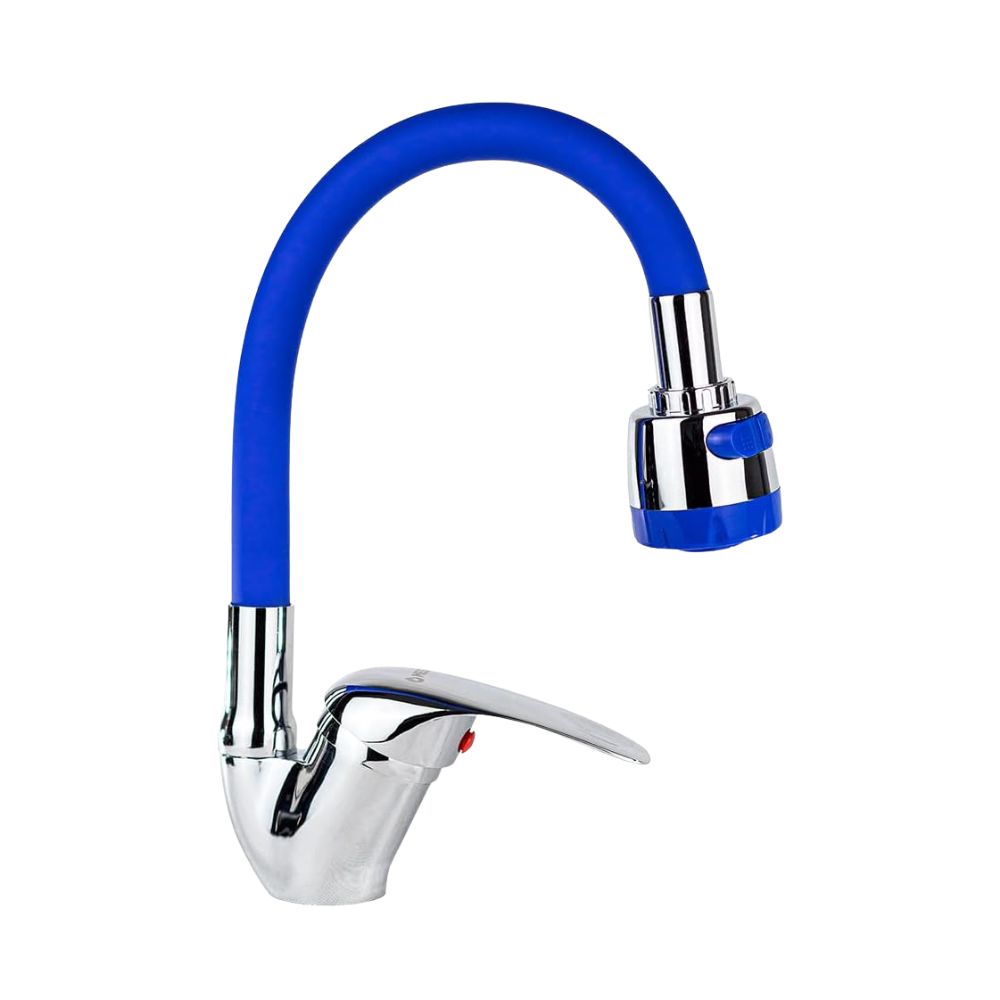 Mezcladora Monomando con Cuello Flexible de Silicón para Fregadero, Doble Chorro, Incluye Mangueras, Diseño Cromo y Azul 1