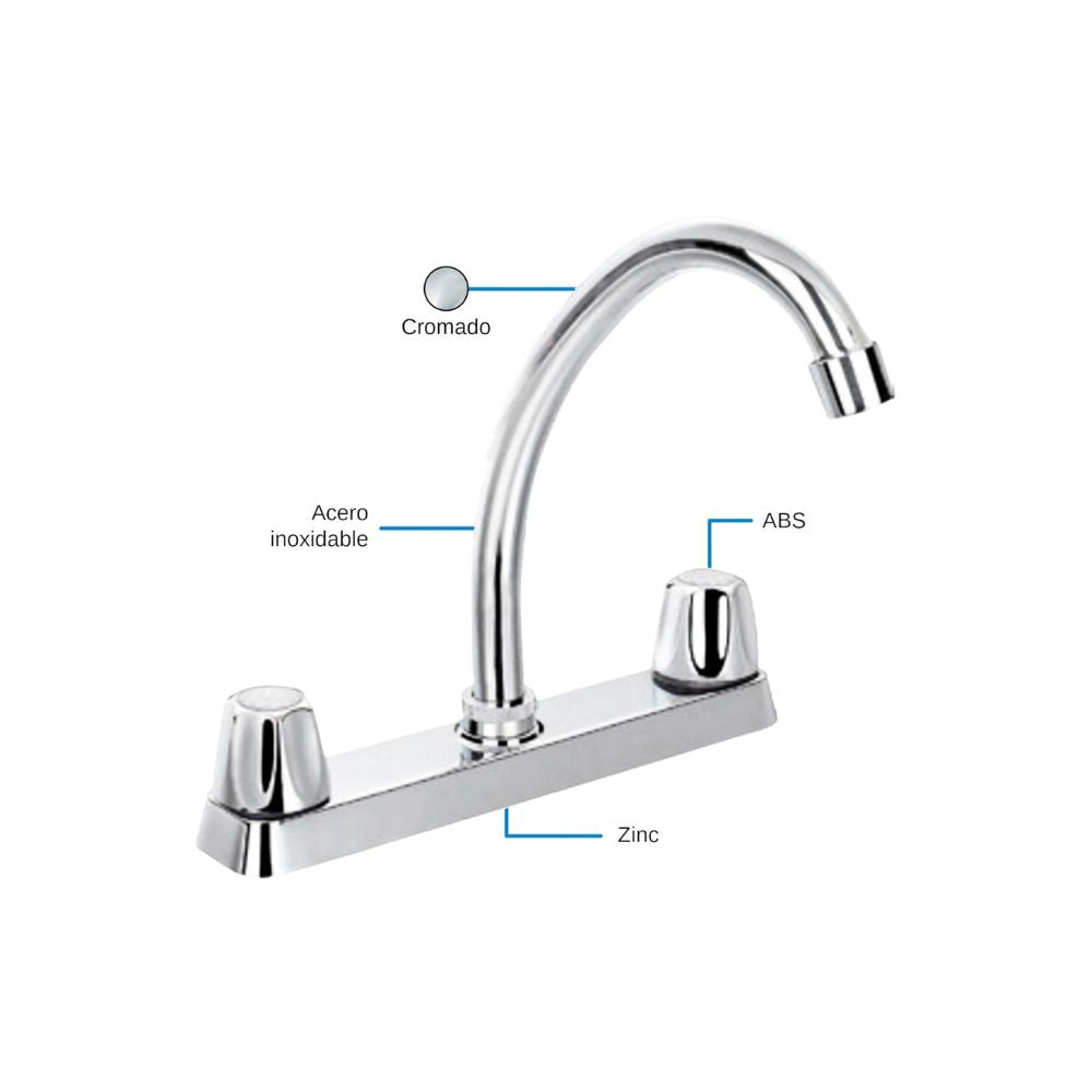 Mezcladora para Fregadero de Cocina, Acabado Cromado, Fabricada en Acero Inoxidable, Zinc y ABS, Altura de 23 cm, Instalación Rápida 2