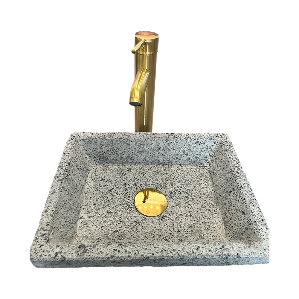 Lavabo Rectangular En Piedra Volcánica, Monomando, Contra Canasta y Kit de Instalación 1
