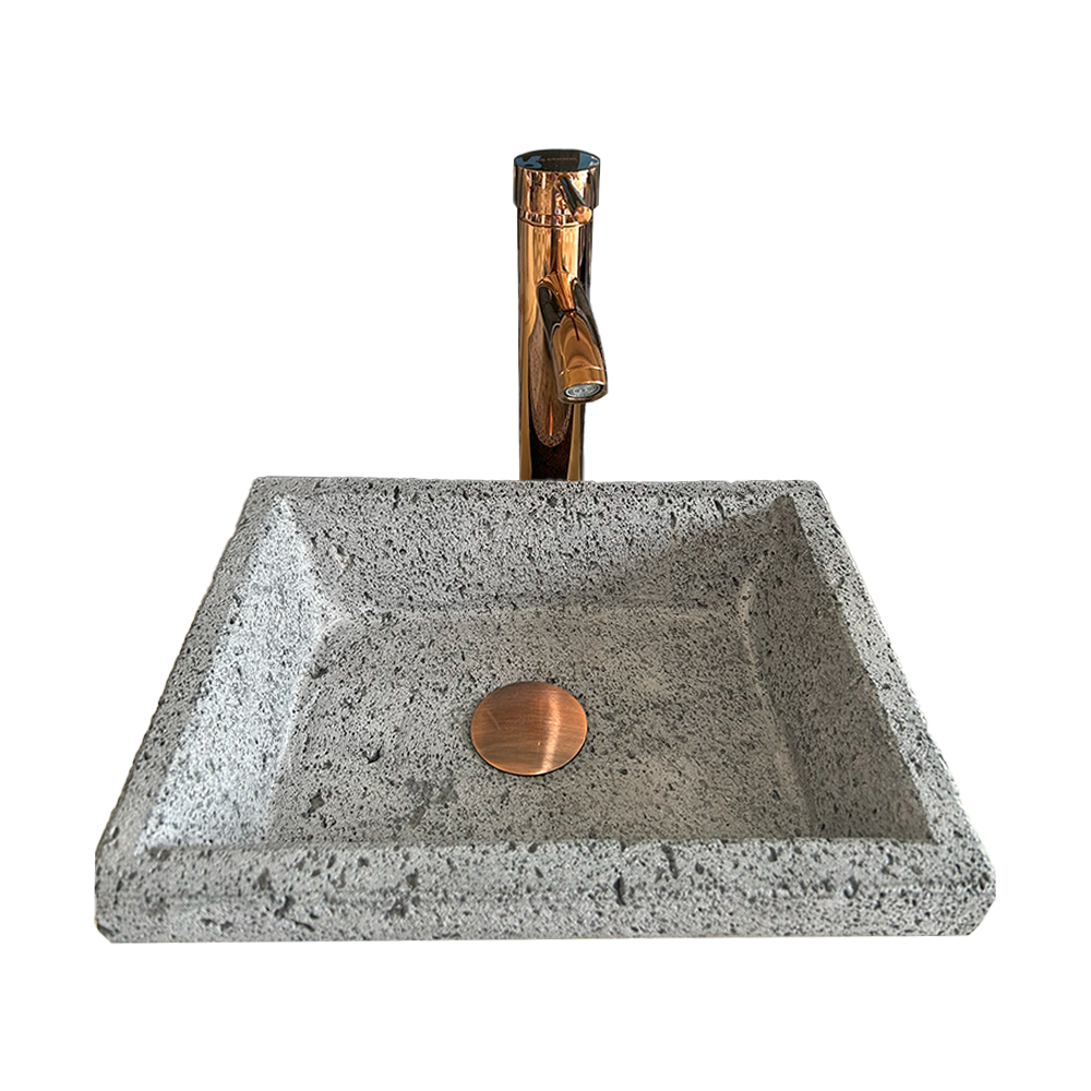 Lavabo Rectangular En Piedra Volcánica, Monomando, Contra Canasta y Kit de Instalación 2