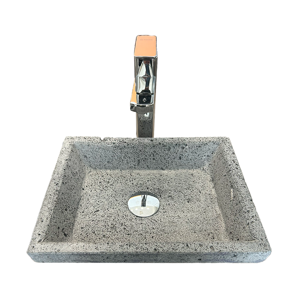 Lavabo Rectangular En Piedra Volcánica, Monomando, Contra Canasta y Kit de Instalación 3